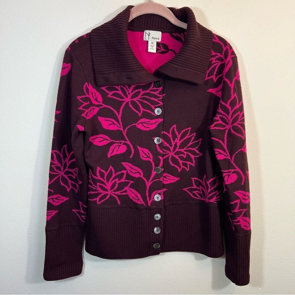 Neve Women’s Wool Floral Cardigan Burgundy Pink Medium